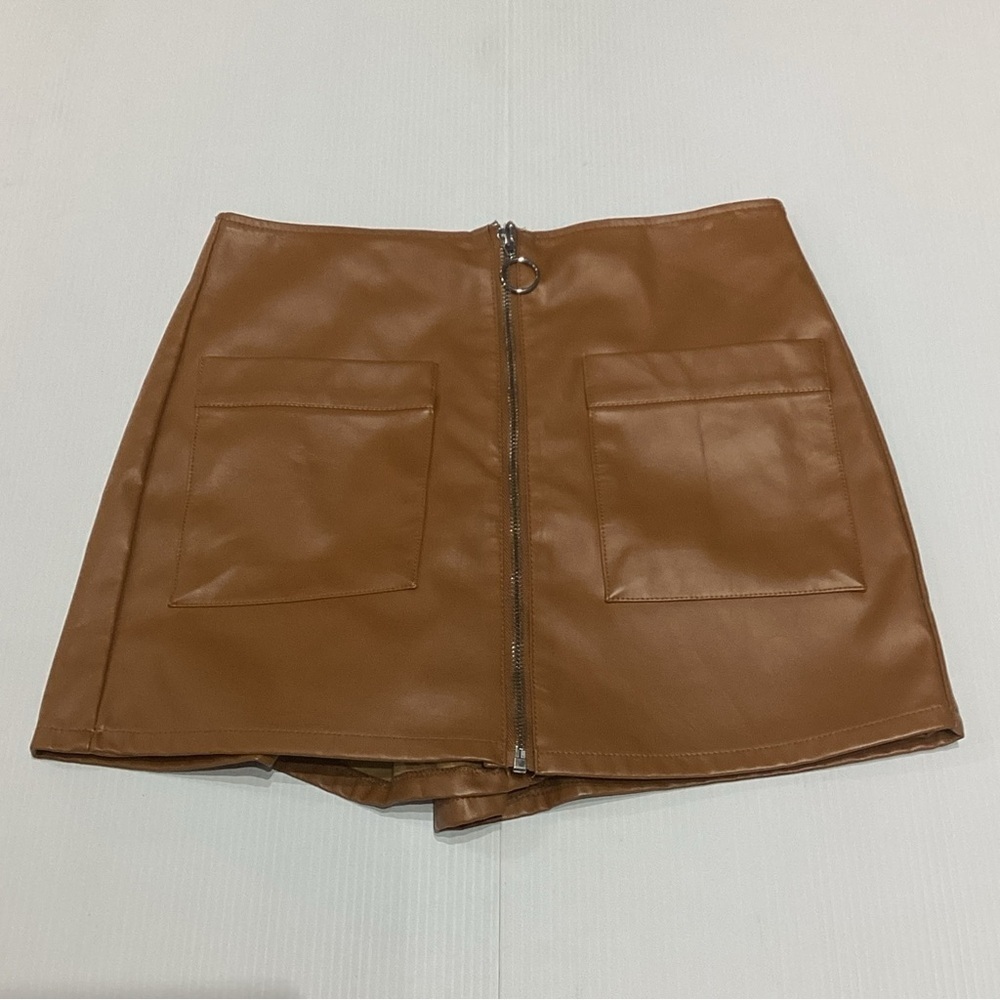Forever 21 Skirt Womens Medium Brown Mini Short Faux Leather Zipper Casual